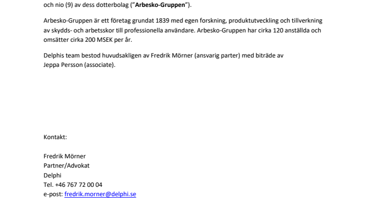 Delphi rådgivare när B&B TOOLS Invest AB förvärvar samtliga aktier i Arbesko-Gruppen Aktiebolag