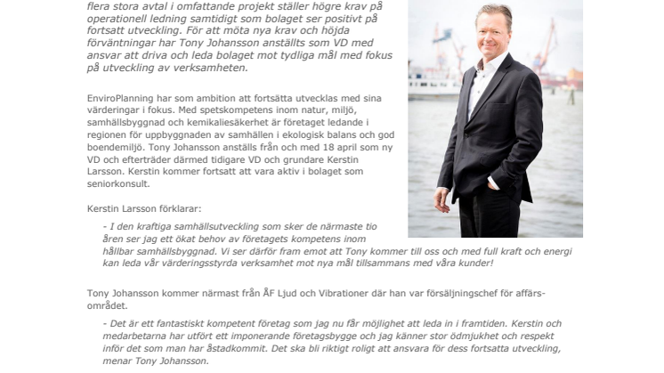 EnviroPlanning anställer Tony Johansson från ÅF som ny VD 