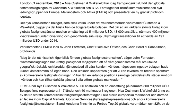 Sammanslagningen av Cushman & Wakefield och DTZ Global är klar