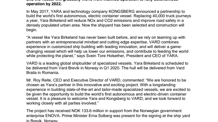 Kongsberg Maritime: YARA selects Norwegian shipbuilder VARD for zero-emission vessel Yara Birkeland