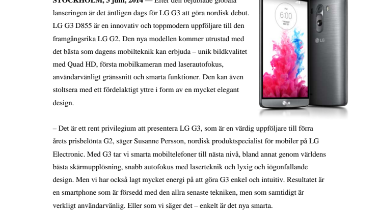 LG LANSERAR G3 I SVERIGE – NÄSTA NIVÅ  INOM SMARTPHONES ÄR HÄR