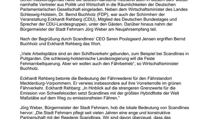 Scandlines begrüßt hochrangige Gäste aus Politik, Wirtschaft und Medien beim Neujahrsempfang 
