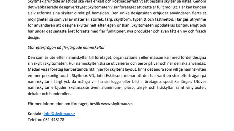 Skyltmax.se utökar sortimentet med namnskyltar i färgtryck