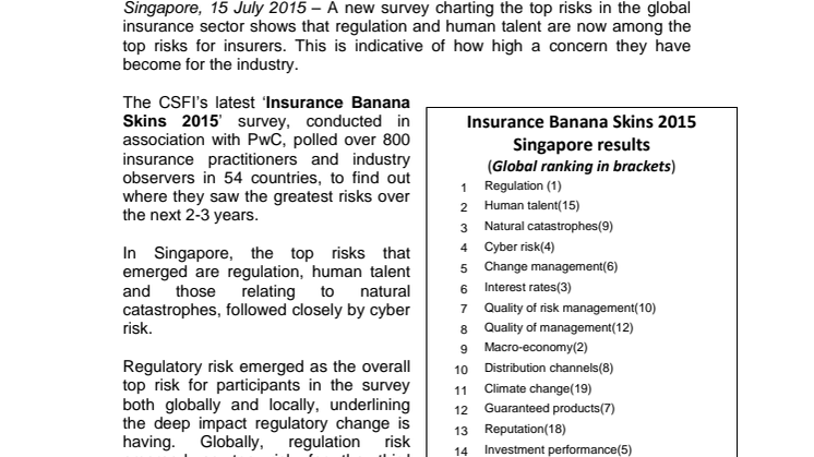 Regulation and human talent emerge as top risks for insurers in Singapore