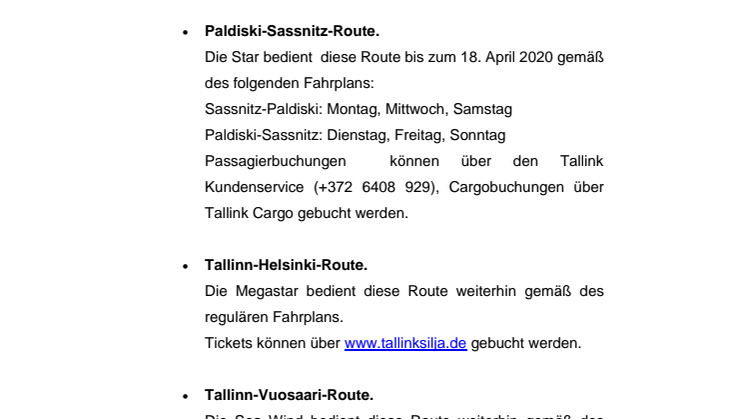 Tallink Silja: Übersicht der temporären Routen