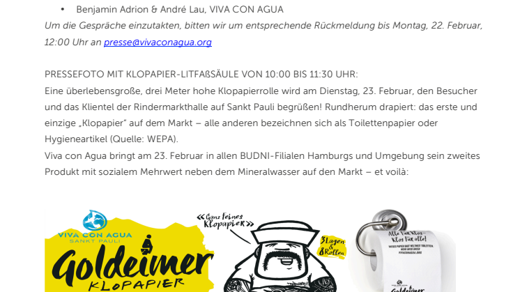 Einladung zum Pressepinkeln auf Goldeimer  Klopapier by Viva con Agua – Pressefotos & Interviews 