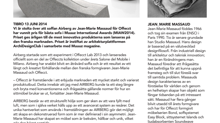 Airberg av Jean-Marie Massaud vinner pris för bästa soffa i Muuuz International Awards 2014 (MIAW2014)