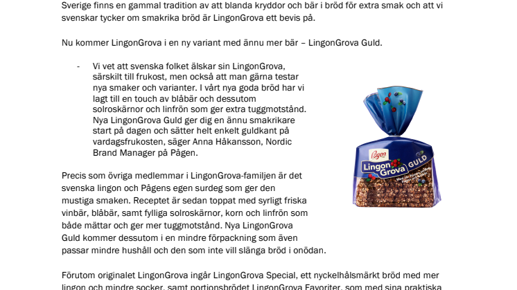 Pågen lanserar ny variant av Sveriges mest sålda bröd -  LingonGrova Guld med surdeg, lingon och blåbär