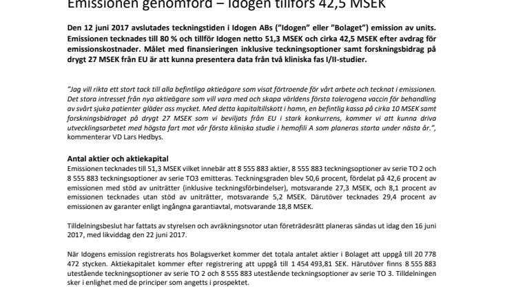 Emissionen genomförd ‒ Idogen tillförs 42,5 MSEK