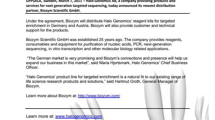  Biozym Scientific GmbH will distribute Halo Genomics’ products in Germany and Austria