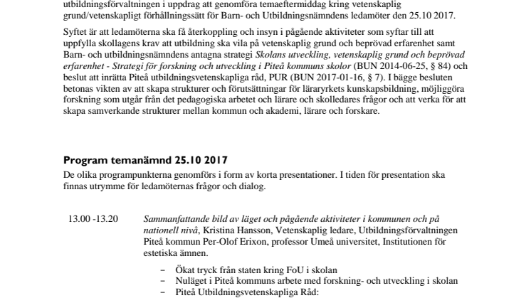 Inbjudan till Barn- och utbildningsnämnden, Piteå - Skola på vetenskaplig grund