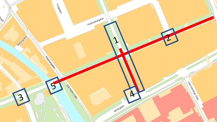 Röd markering visar de sträckor som får ny beläggning. Rutor/siffror visar var alla projekten sker. Projekt 1: Vasagatan, etapp 2. Projekt 2 och 3: Byte av markvärmefördelare, Stora Gatan. Projekt 4 och 5: Mälarenergi utför ledningsarbeten.