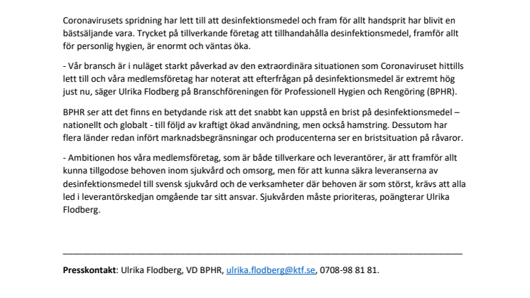Desinfektionsmedel till sjukvården måste prioriteras i hela leverantörskedjan