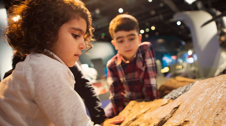 Barn känner på dinosauriefotspår