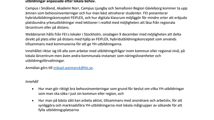 Inbjudan webbinarium 9 dec: Så lyckas kommuner etablera YH-utbildningar och främja det lokala näringslivet