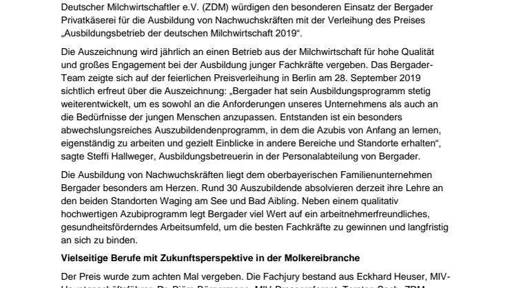Bergader einstimmig als Ausbildungsbetrieb der deutschen Milchwirtschaft 2019 ausgezeichnet: Hervorragendes Nachwuchsprogramm findet volle Anerkennung