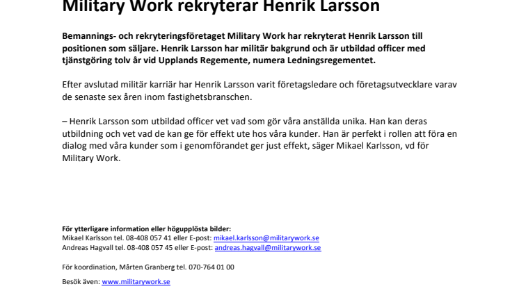 Military Work rekryterar Henrik Larsson