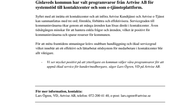 Gislaveds kommun väljer Artvise Kundtjänst och Artvise e-Tjänst!