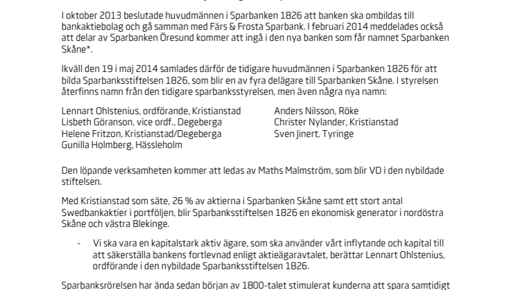 Sparbanksstiftelsen 1826 bildad - Sparbanksidén lever vidare i ny form 