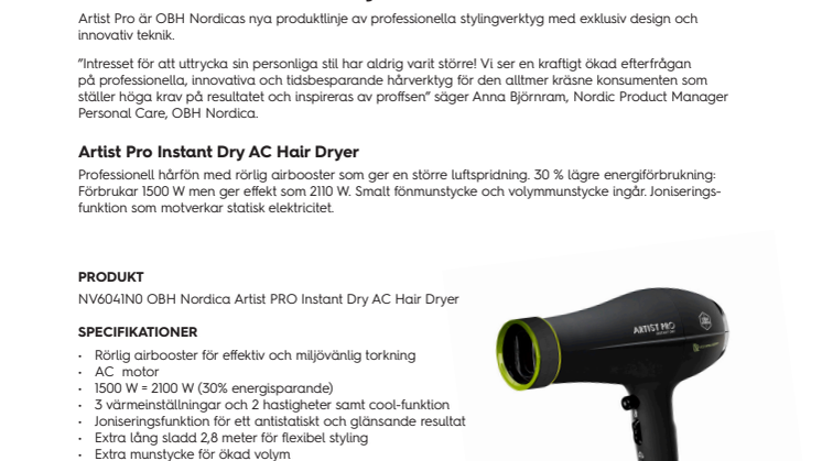 Artist Pro Instant Dry AC Hair Dryer 