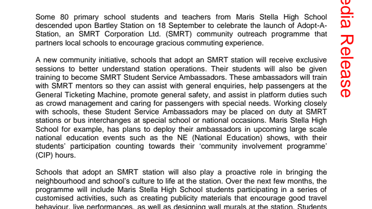 SMRT celebrates the launch of Adopt-a-Station pilot programme between Maris Stella High School and Bartley Station