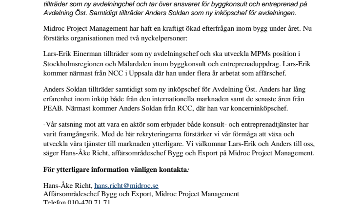 Midroc Project Management förstärker sin byggorganisation