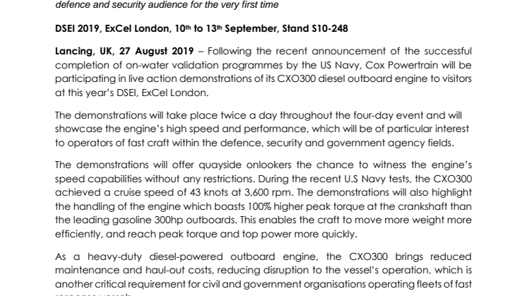 Cox Powertrain to Perform in-water Demos of High-Performance Diesel Outboard at DSEI