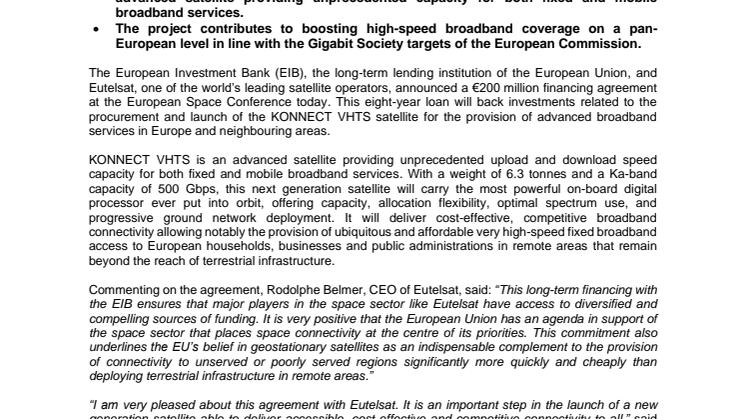 ​EIB supports Eutelsat for the procurement and launch of the KONNECT VHTS satellite