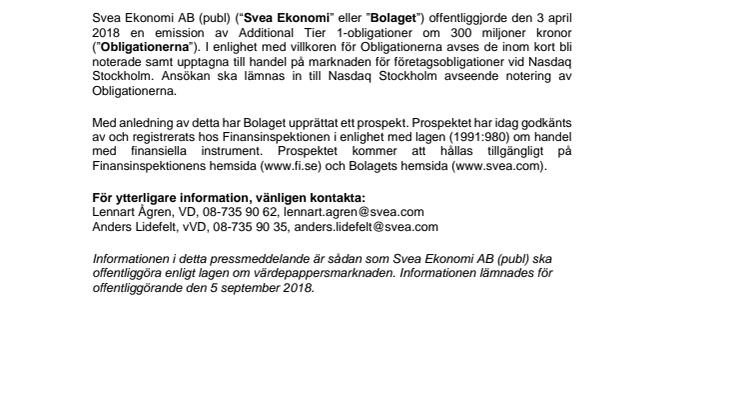 Svea Ekonomi offentliggör prospekt och förbereder notering av obligation vid Nasdaq Stockholm