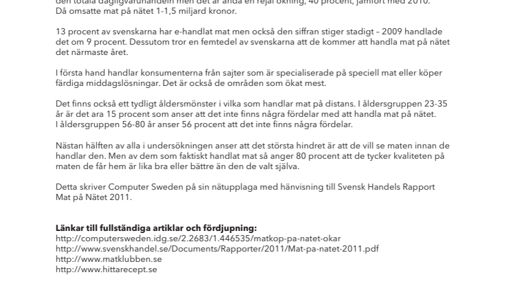 Intresset för mat på nätet ökar kraftigt enligt Svensk Handel