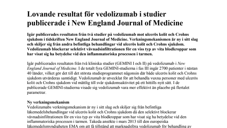 Lovande resultat för vedolizumab i studier publicerade i New England Journal of Medicine 