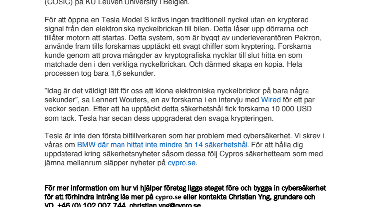 Tesla model S stulen på bara några sekunder genom hackad elektronisk nyckel