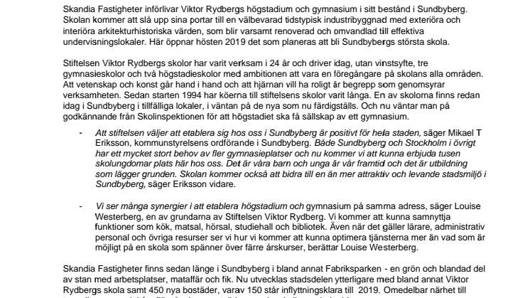 Stiftelsen Viktor Rydbergs skolor etablerar ny gemensam högstadie- och gymnasieskola hos Skandia Fastigheter i Sundbyberg