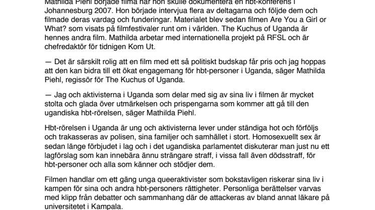 RFSLs filmare Mathilda Piehl vann pris i London