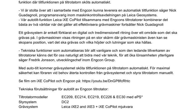 Världsnyhet - Engcon tiltar automatiskt med Leica Geosystems