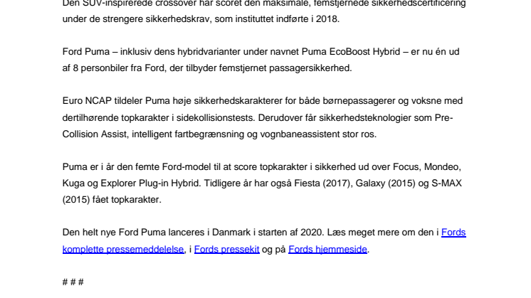Den helt nye Ford Puma høster topkarakter i sikkerhed