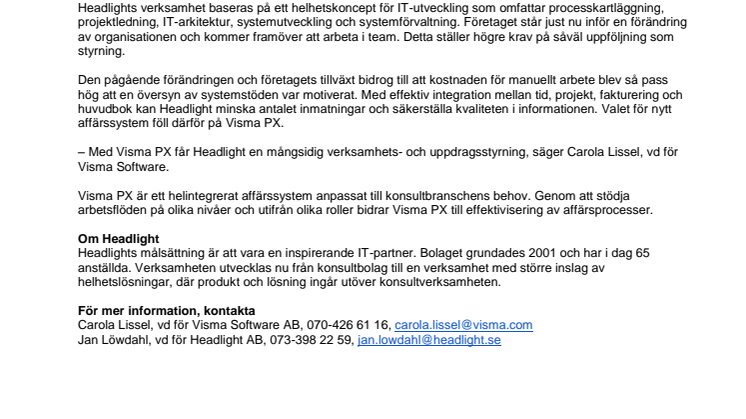 Headlight väljer affärssystem från Visma