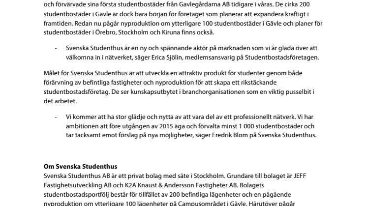 Svenska Studenthus ny medlem i Studentbostadsföretagen