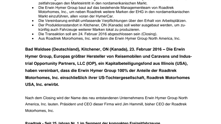 Erwin Hymer Group erwirbt Roadtrek, den führenden Hersteller von kompakten Freizeitfahrzeugen in Nordamerika