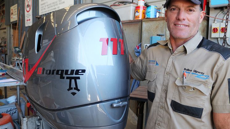 Hi-res image - YANMAR - Ballina Slipway shipwright, Michael Cocks with one of the new Dtorque 111 diesel outboard engines