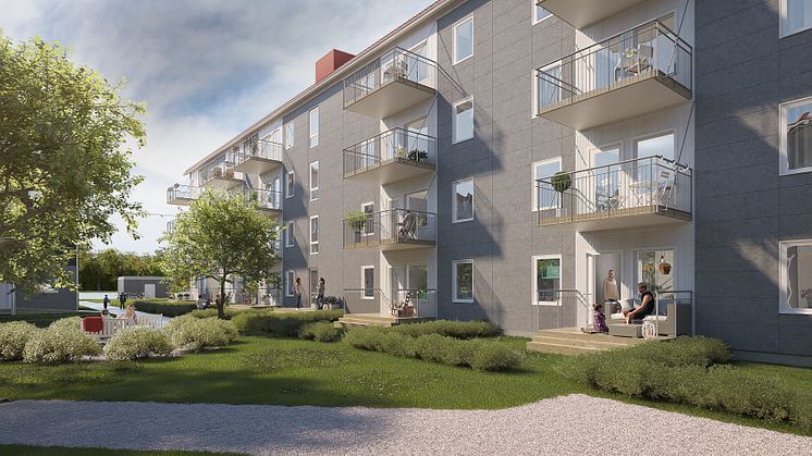 Illustration över gårdssida med balkong/altan, med gemensamma grönytor. 