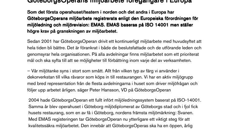 GöteborgsOperans miljöarbete föregångare i Europa