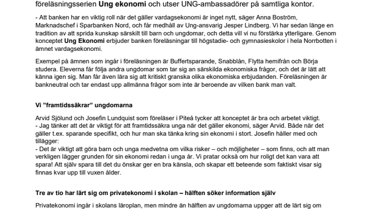 Sparbanken Nord utbildar ungdomar i privatekonomi