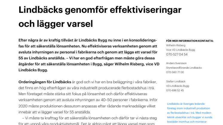 Lindbäcks genomför effektiviseringar och lägger varsel