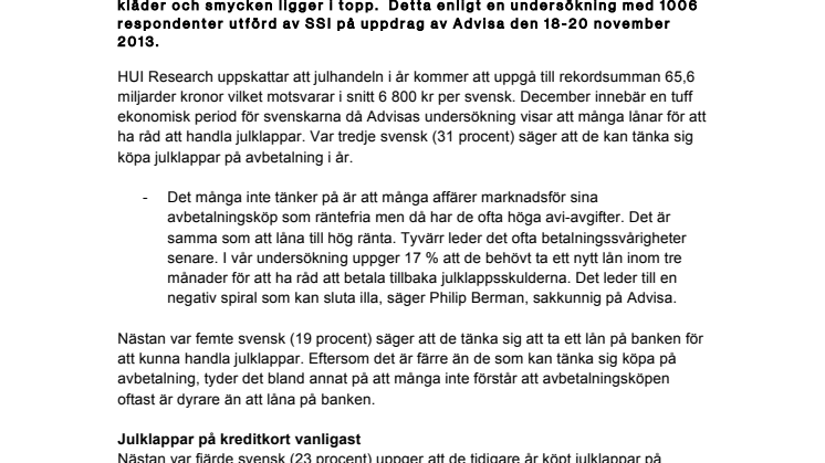 Var tredje svensk kan tänka sig köpa julklappar på avbetalning