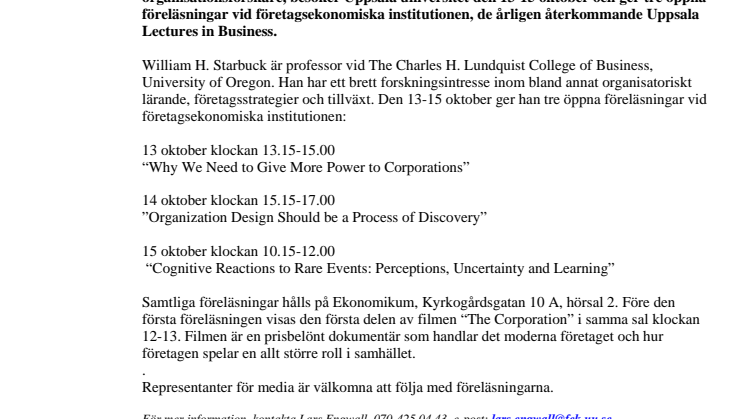 Känd organisationsforskare ger öppna föreläsningar