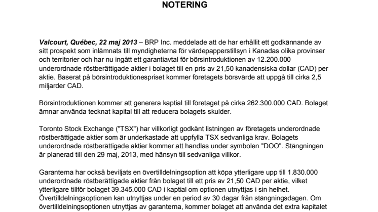 BRP INC. MEDDELAR AKTIENS PRISSÄTTNING VID KOMMANDE NOTERING