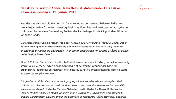 Dansk Kulturinstitut åbnes i New Delhi af statsminister Lars Løkke Rasmussen lørdag d. 19. januar 2019