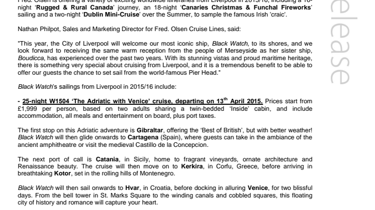 Fred. Olsen Cruise Lines’ Black Watch to commence inaugural cruise season from Liverpool in Spring 2015