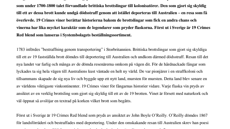 Sverigepremiär för 19 Crimes - viner med en unik historia